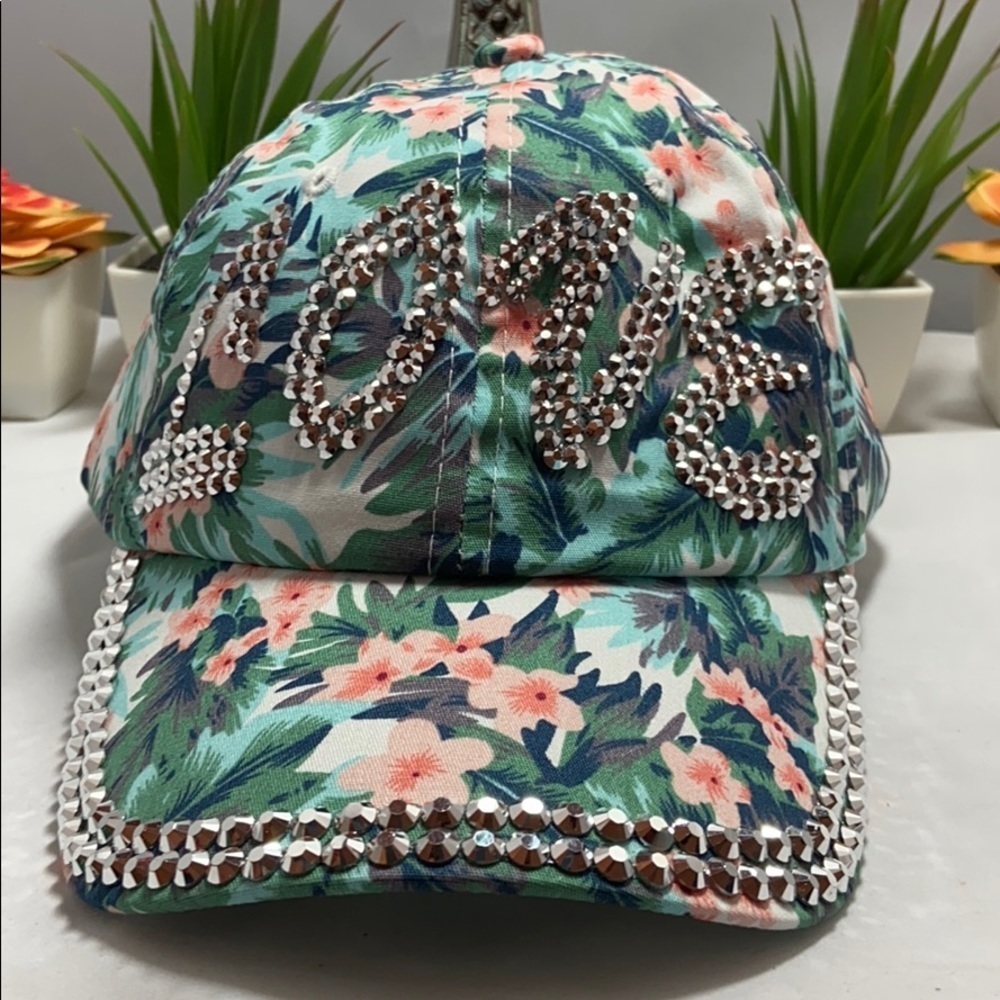 Capelli New York Love Statement Artsy Studded Floral Adjustable Baseball Cap.
